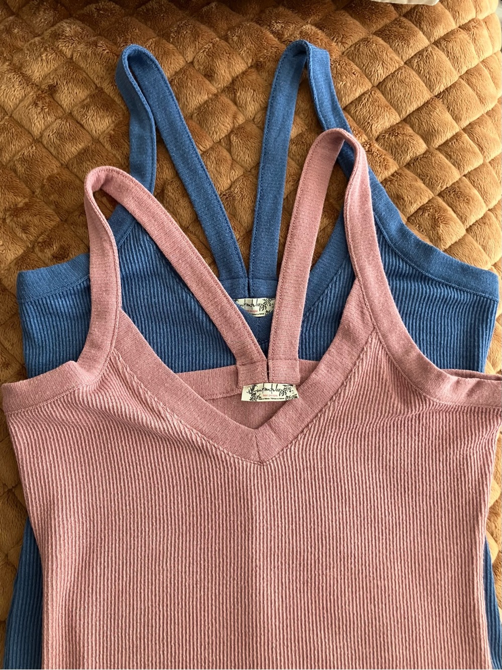 Free People, That Easy Tank, Ribbed V-Neck Tank Tops in Mauve and Denim Blue, S